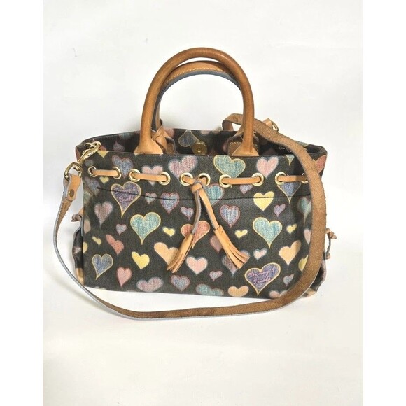 Dooney & Bourke Multicolored Hearts Print Tassel Tote Dual Leather Straps USA - Picture 9 of 12